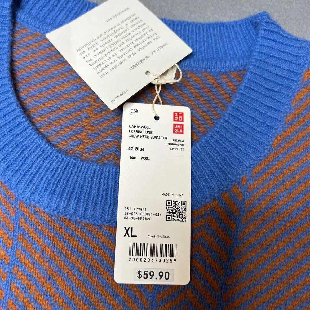 JW Anderson x Uniqlo Sweater Men's XL Blue Orange Herringbone Lambswool Crewneck